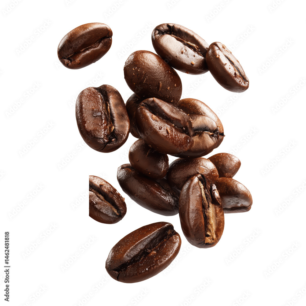 Obraz premium Roasted Coffee Beans Falling in Air , isolated on white background png