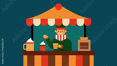 Hot Cocoa Stand An elf offering warm cups of hot cocoa to shoppers while passing them flyers about special holiday discounts with a cozy stand decorated with garlands.