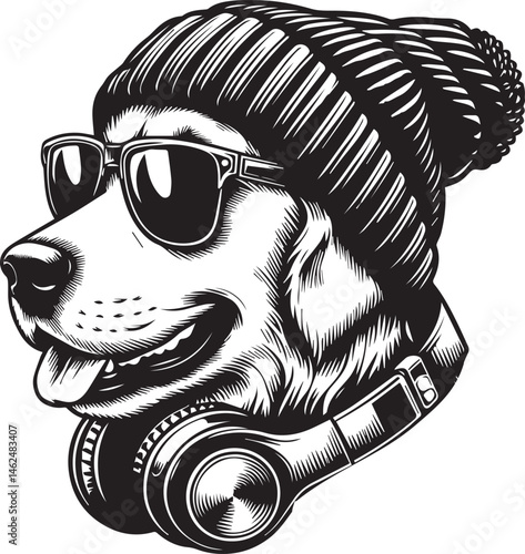 Cool Dog with Headphones, Sunglasses, and Beanie - Black and White Hipster Animal Illustration