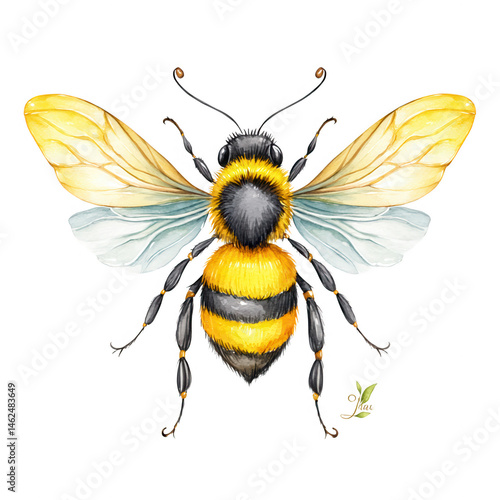Watercolor painting shows a detailed depiction of a flying bumble bee insect