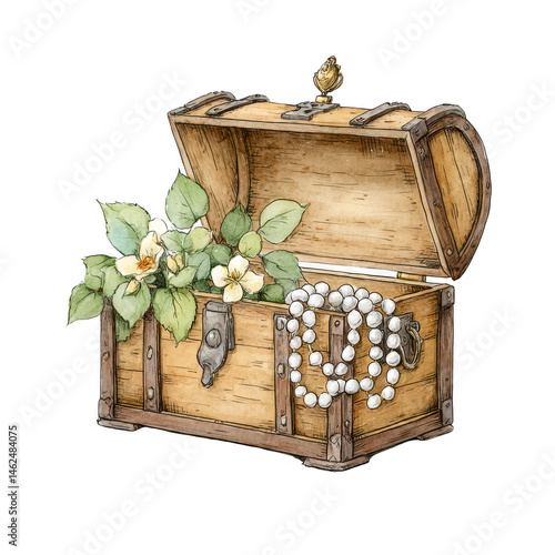 An opened treasure chest is overflowing with pearls and white flower blooms