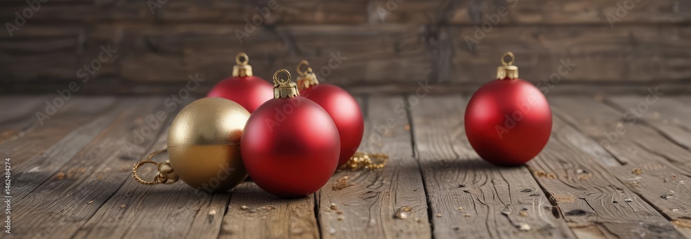 Elegant red and gold baubles on weathered wood plank , xmas, winter decor