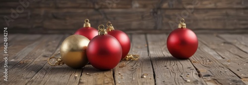 Obraz na płótnie Elegant red and gold baubles on weathered wood plank , xmas, winter decor w salonie