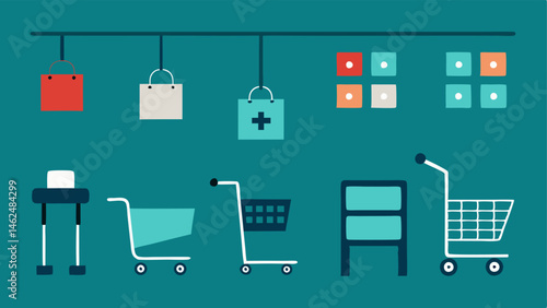 Shopping Aids Wall A wall displaying various shopping aids like detachable baskets and adaptive shopping carts designed for ease of use by everyone including those with mobility