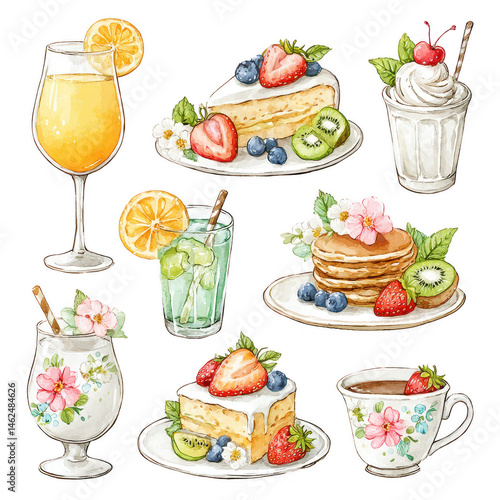 Watercolor illustration depicts various beverages and desserts with fruit