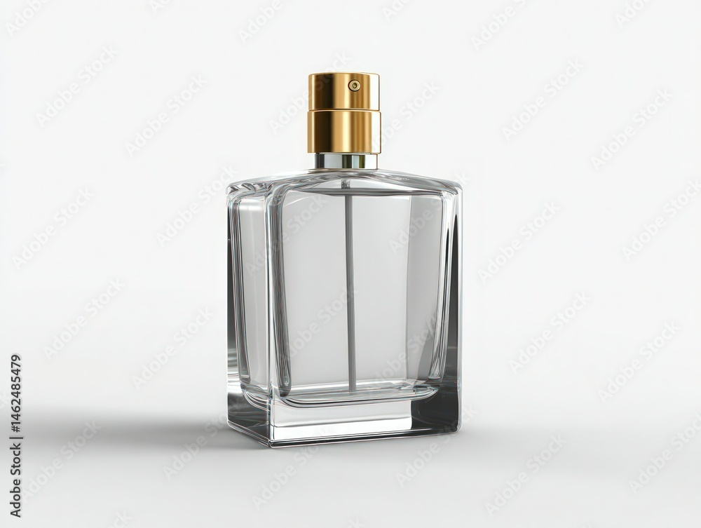 Elegant glass perfume bottle with gold cap on white background