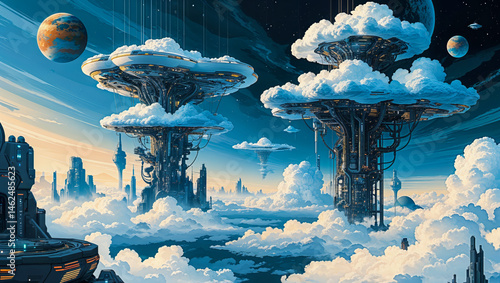 AI-generated images of a futuristic cityscape above the clouds