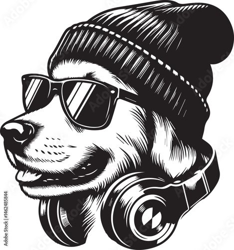 Cool Dog with Headphones, Sunglasses, and Beanie - Black and White Hipster Animal Illustration
