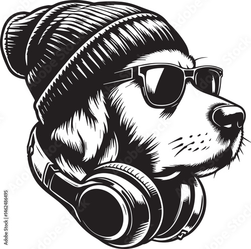 Cool Dog with Headphones, Sunglasses, and Beanie - Black and White Hipster Animal Illustration