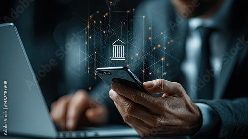 A businessman using a smartphone with digital banking symbols overlaid.