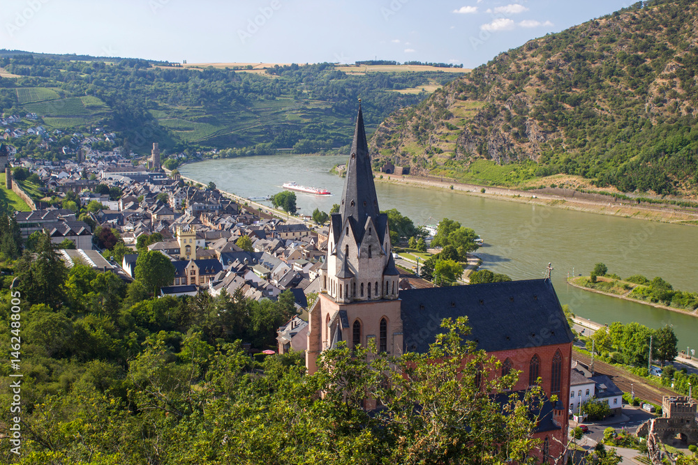 Aerial view of historic Oberwesel town in Germany, Rhine Valley