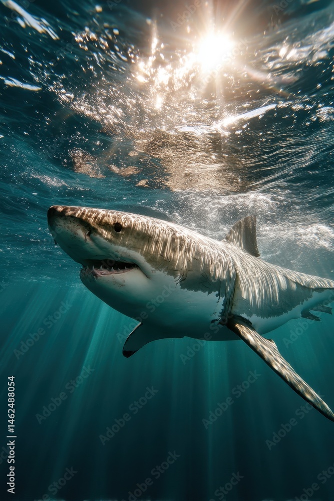 Naklejka premium Great White Shark Gliding Through Ocean – Shark Awareness Day
