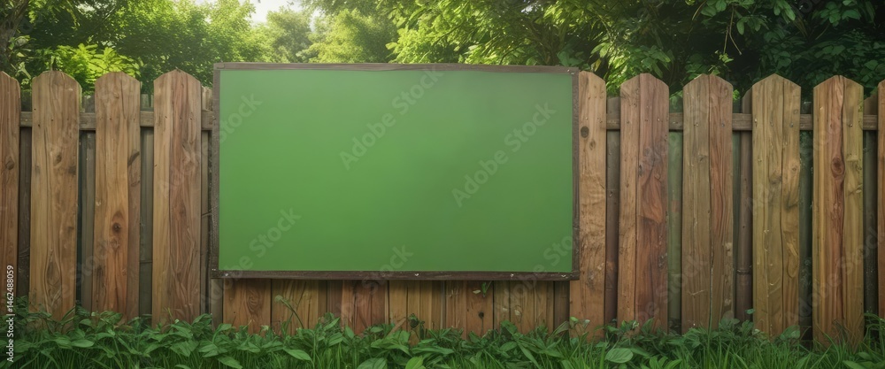 Realistic outdoor poster on fence, green backdrop, mockup, spring, grass