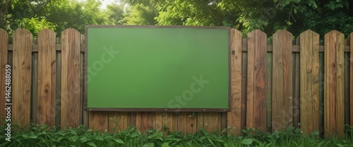 Obraz na płótnie Realistic outdoor poster on fence, green backdrop, mockup, spring, grass w salonie