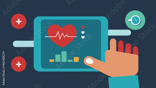 Highlighting the Interface A closeup of the wearers hand interacting with a digital interface on a tracker with highlighted features like current heart rate and daily activity