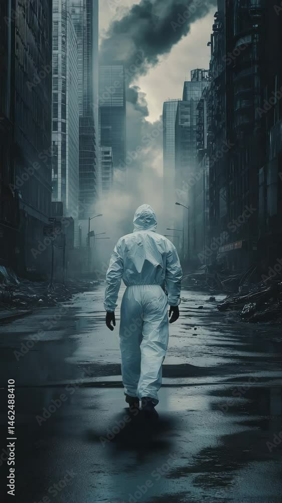 A lone figure dressed in a protective suit walks through deserted city streets enveloped by fog and shadow during the evening A lone figure dressed in a protective suit walks through deserted city streets enveloped by fog and shadow during the evening