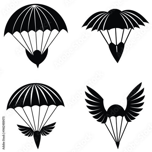 Parachute Silhouettes With Wings And Different Design Elements Vector Illustration Set