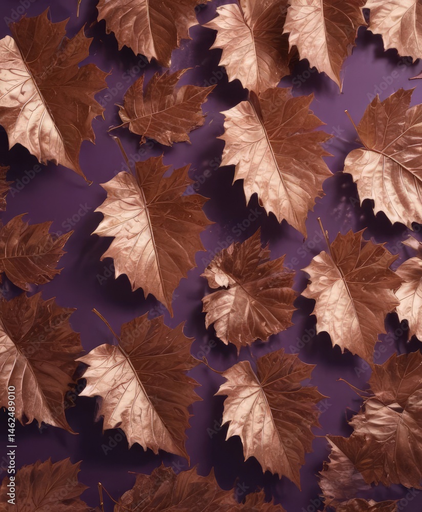 Intricate pattern of dry, copper-toned metallic leaves on a rich violet background Subtle light reflection , violet, background image