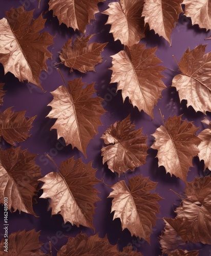 Obraz na płótnie Intricate pattern of dry, copper-toned metallic leaves on a rich violet background Subtle light reflection , violet, background image w salonie