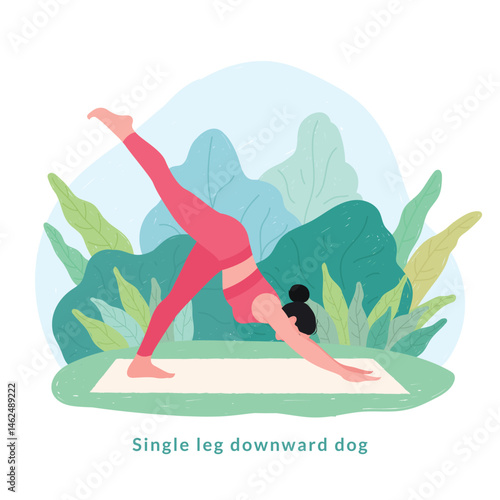 Single leg downward dog pose. Young woman practicing Yoga pose. Woman workout fitness, aerobic and exercise