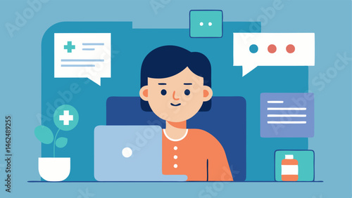 Patient and AI Interaction An animated representation of a patient in a medical office speaking to an AI interface. Chat bubbles show information being shared about the patients