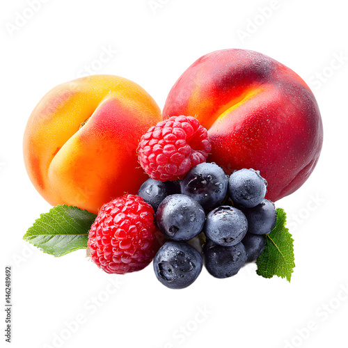 Fresh summer fruits including juicy peaches, sweet raspberries, and plump blueberries arranged on a white background creating a delicious and vibrant composition.