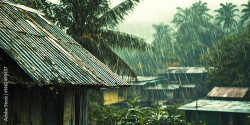 Rainy Day in a Tropical Village Houses and Lush Greenery Wallpaper Background