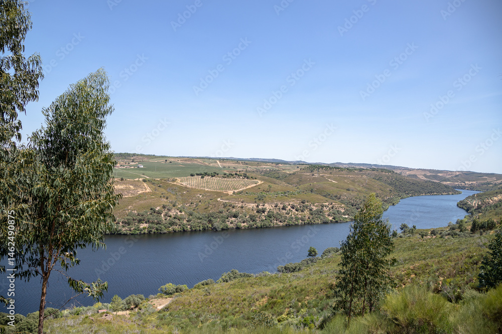 Breathtaking aerial view of the winding Tejo River flowing through lush green hills in August. Serene and panoramic view of extensive landscape in Vila Velha de Rodao, Portugal. Breathtaking aerial view of the winding Tejo River flowing through lush green hills in August. Serene and panoramic view of extensive landscape in Vila Velha de Rodao, Portugal.