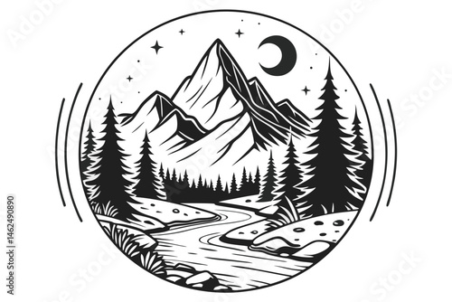 22 Black and white illustration, majestic mountain landscape, crescent moon, starry night sky, flowing rivers, pine forests, dramatic perspective, high contrast, circular composition, surreal, dream-l