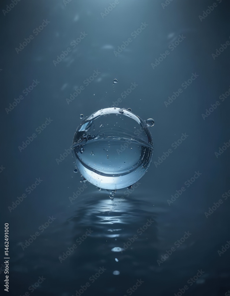 Crystal clear water droplets on a deep blue; calming, tranquil scene , abstract, gleam, sky