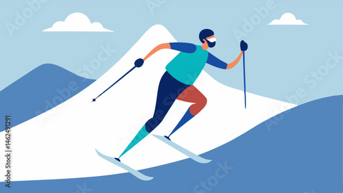 Skiing Downhill A skier with a prosthetic leg gracefully navigates a snowy slope showcasing their agility and control. The winter landscape around them adds to the excitement.
