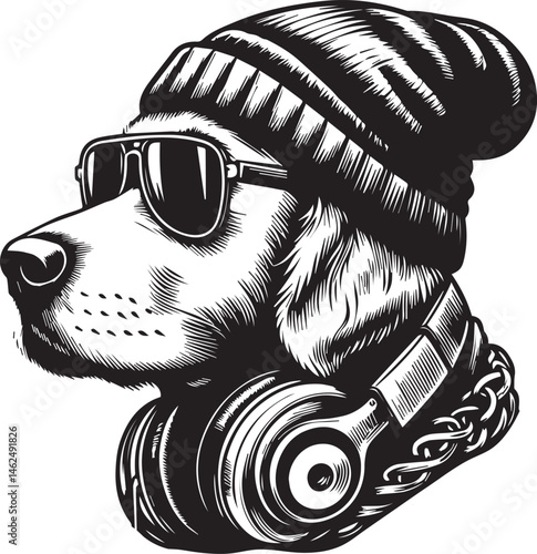 Cool Dog with Headphones, Sunglasses, and Beanie - Black and White Hipster Animal Illustration