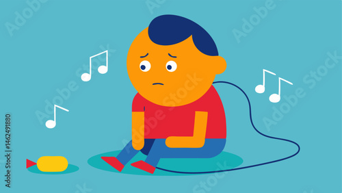 Frustrated Expression A quirky character sits on a colorful floor with their legs crossed looking flustered as they tug at two different ends of tangled earphones. Their facial