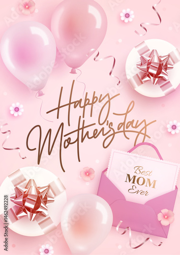 Happy mother's day vertical web banner, poster, greeting card design template. Realistic 3d helium balloons, envelope and gift box on pink background. Mother day. Vector illustration