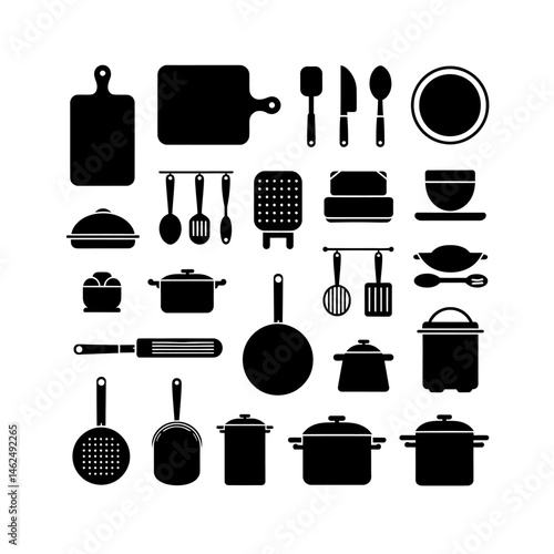 Kitchen utencils icons vector in black color on white background. Kitchenware set.