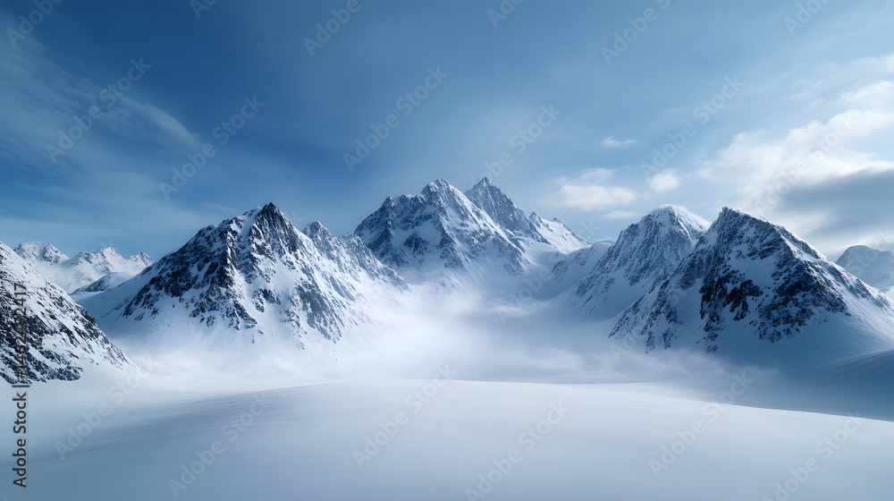 Fototapeta premium A peaceful scene of snow-covered mountain peaks with clear blue skies and a light breeze blowing, offering a serene and calm winter landscape.