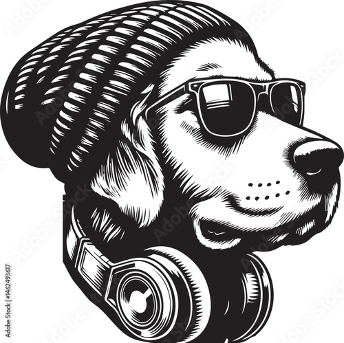 Cool Dog with Headphones, Sunglasses, and Beanie - Black and White Hipster Animal Illustration