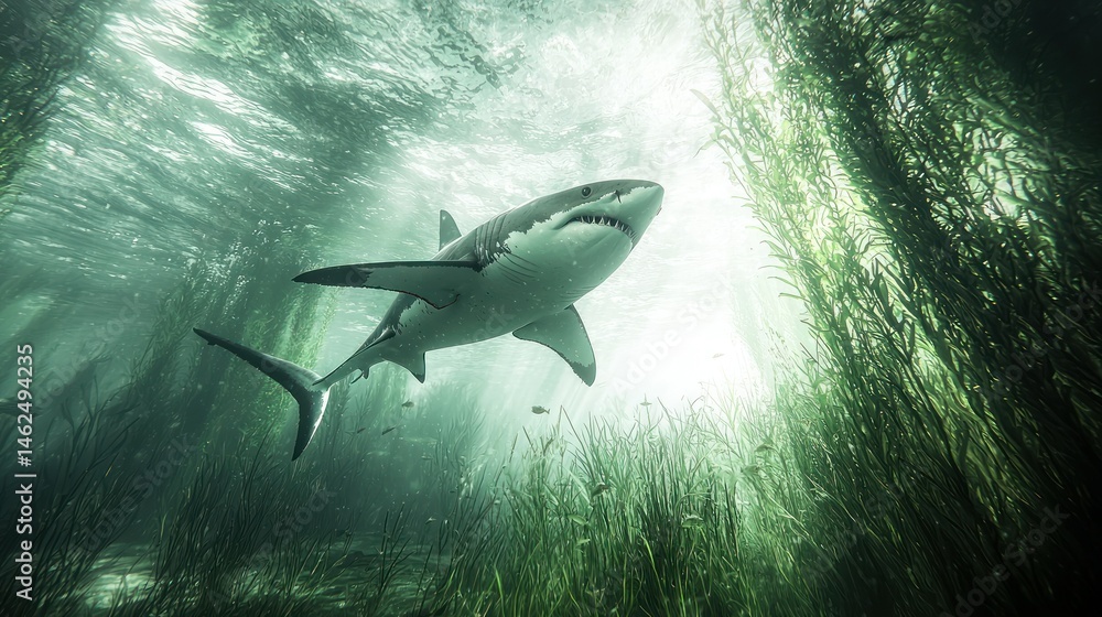 Fototapeta premium Great white shark in an underwater kelp forest