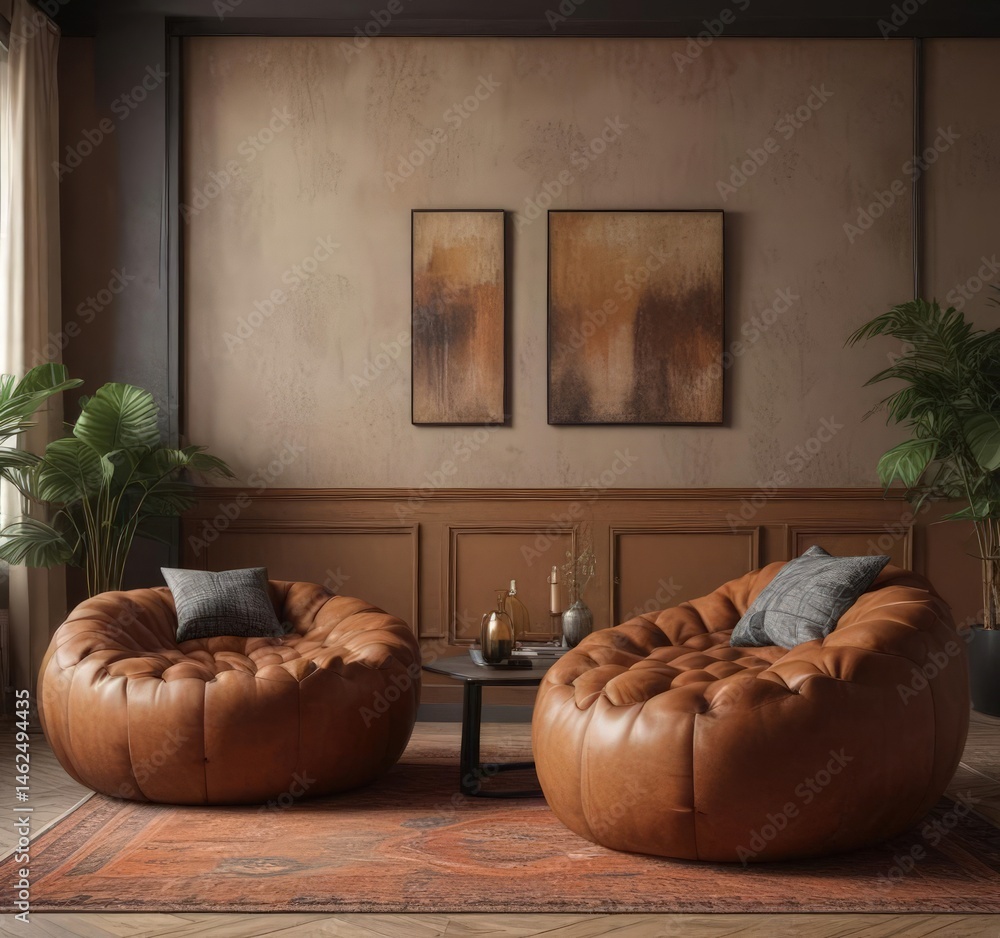 Two black poufs accent brown sofa in vibrant room Eclectic vintage vibe , chic, stylish, black