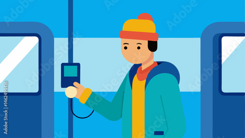 Monitoring on the Go An individual commuting on public transport casually checking their pressure monitor with a surprised expression.