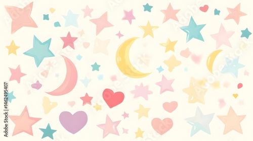Pastel colored stars, moons, and hearts pattern design.