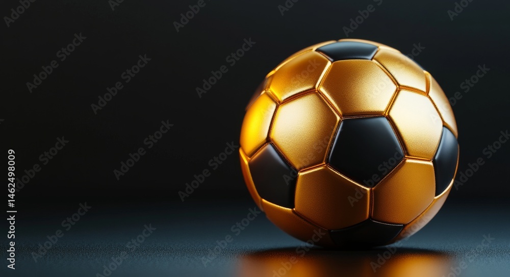 Fototapeta premium Against a black background, a golden soccer ball is displayed, embodying the ideas of football, sports, awards, championships, winners, and trophies