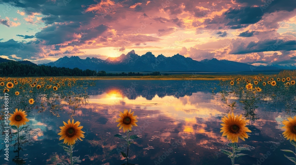 Sunflowers reflecting sunset, mountains, calm lake Sunflowers reflecting sunset, mountains, calm lake