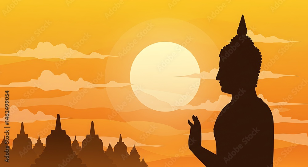 Naklejka premium Vesak Day Silhouette of Buddha Offering Blessing at Borobudur Temple in Sunrise with Golden Sky, Flat Vector Art for Celebration and Meditation