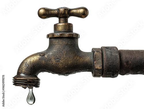 A close-up of a weathered, vintage-style metallic faucet, dripping with moisture, mounted on a pipe, Isolated on a transparent background