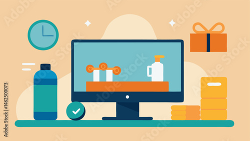 Home Workout Setup A cozy home scene with a virtual coach appearing on a TV screen demonstrating exercises with household items used as weights like water bottles and backpacks.