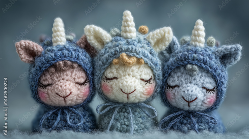 Fototapeta premium Three cute, kawaii-style animals wearing a blue beanie with horns. In the middle is an adorable animal dressed as a unicorn.