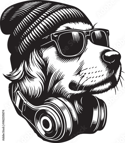 Cool Dog with Headphones, Sunglasses, and Beanie - Black and White Hipster Animal Illustration