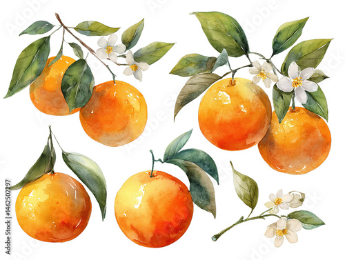 Beautiful set with watercolor fresh oranges with leaves and flowers in sunny Mediterranean style.clip art, isolated transparent background