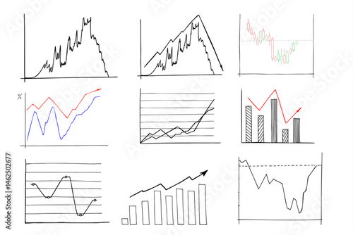Analytical graphic chart with trend lines, columns set hand drawn ink sketch. Change in time of election results or income, plans. Vector illustration for business data presentation, election results.